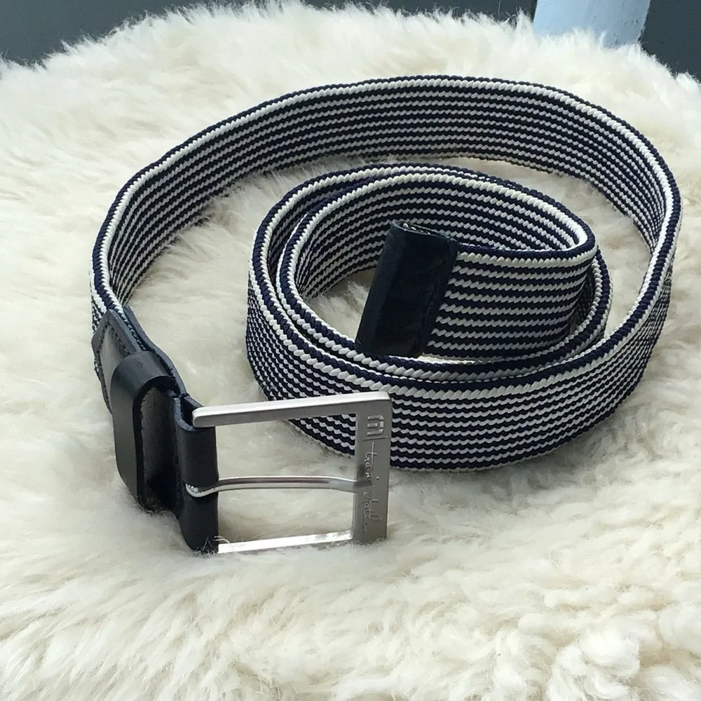 Travis Mathew Blue and White Striped Belt with Leather Trim